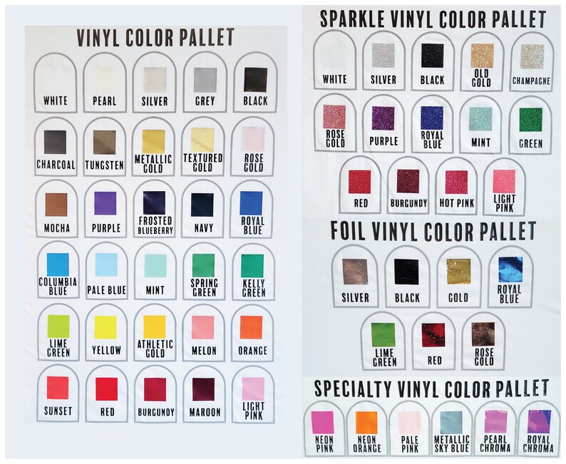 May include: A chart showing different vinyl colors for crafting projects. The chart is divided into sections for vinyl, sparkle vinyl, foil vinyl, and specialty vinyl. Each section shows a variety of colors, including white, black, red, blue, green, yellow, and purple.