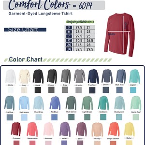 May include: A color chart showing 24 different colors of long-sleeve t-shirts. The chart includes colors like white, ivory, black, pepper, grey, granite, true navy, denim, blue jean, lagoon, ice blue, hydrangea, chambray, flo blue, blue spruce, light green, seafoam, chalkymint, island reef, crimson, watermelon, blossom, violet, berry, peachy, bright salmon, and butter. The chart also includes a size chart with measurements in inches.