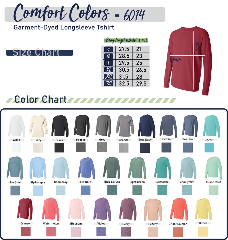 May include: A color chart showing 24 different colors of long-sleeve t-shirts. The chart includes colors like white, ivory, black, pepper, grey, granite, true navy, denim, blue jean, lagoon, ice blue, hydrangea, chambray, flo blue, blue spruce, light green, seafoam, chalkymint, island reef, crimson, watermelon, blossom, violet, berry, peachy, bright salmon, and butter. The chart also includes a size chart with measurements in inches.
