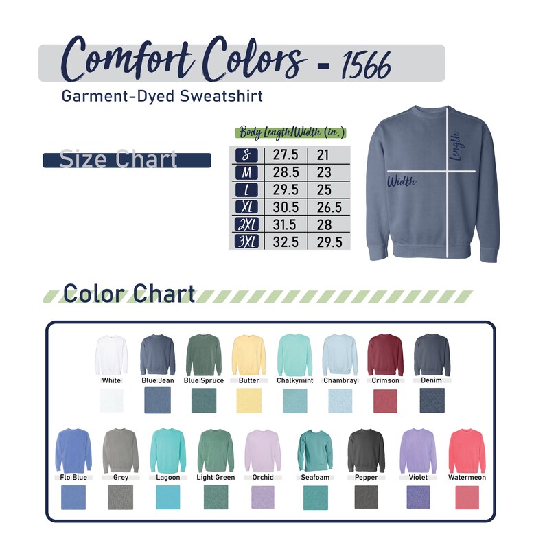 Puede incluir: Una tabla de tallas y una tabla de colores para una sudadera te&ntilde;ida en prenda. La tabla muestra la longitud y el ancho del cuerpo en pulgadas para las tallas S, M, L, XL, 2XL y 3XL. La tabla de colores muestra 16 colores diferentes, incluyendo blanco, azul jean, azul abeto, mantequilla, menta helada, chambray, carmes&iacute;, denim, azul flo, gris, laguna, verde claro, orqu&iacute;dea, espuma de mar, pimienta, violeta y sand&iacute;a.
