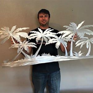 Palm Tree Artwork | Beach Scene Metal Wall Art in Brushed Aluminum – 4 Ft Tropical Coastal Decor for Home, Patio, or Vacation Rental