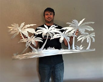 Palm Tree Artwork | Beach Scene Metal Wall Art in Brushed Aluminum – 4 Ft Tropical Coastal Decor for Home, Patio, or Vacation Rental