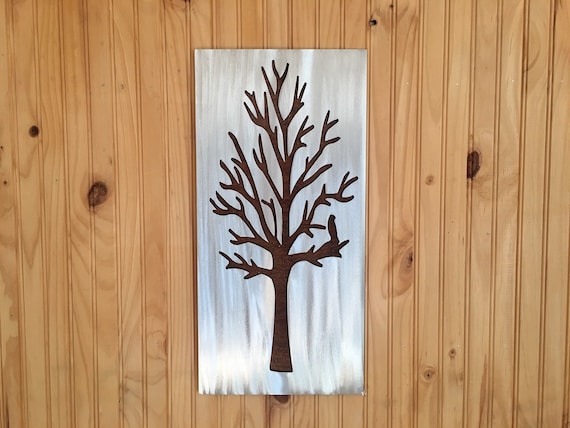 Silver Tree Artwork. Metal Wall Art. Colorado home. Winter trees. Rustic wall hangings. Touch of modern. Bird in tree. Cabin decor.