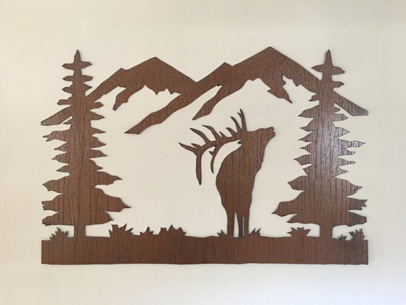 Elk metal wall art. Rustic animal artwork. Mountains Trees Forest. Hunting lodge decor