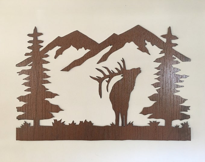 Elk metal wall art. Rustic animal artwork. Mountains Trees Forest. Hunting lodge decor