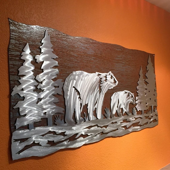 Bear wall art, Mom and baby, Metal wall art, Log cabin, Cottage decor, Forest, Nature lover gift. Handmade in Fort Collins Colorado, Hiking