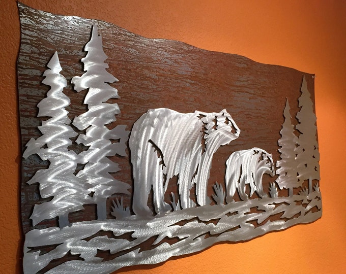 Bear wall art, Mom and baby, Metal wall art, Log cabin, Cottage decor, Forest, Nature lover gift. Handmade in Fort Collins Colorado, Hiking