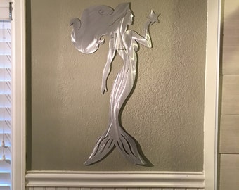 Mermaid Marine Human Fish Metal Wall Art Ocean Folklore Mythical Creature Beach Sea Sand Island Fun Silver Artwork Scuba Snorkel Underwater