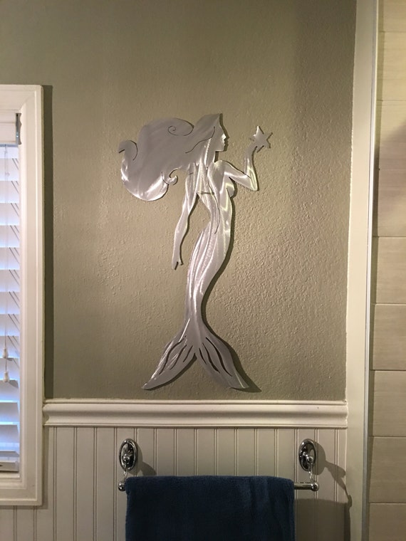 Mermaid Marine Human Fish Metal Wall Art Ocean Folklore Mythical Creature Beach Sea Sand Island Fun Silver Artwork Scuba Snorkel Underwater