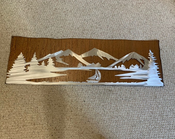 Lake Dillon in silver on the rustic brown background. Size 48x15