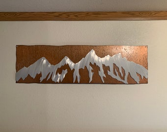 Grand Teton National Park Metal Wall Art – Double Layer Aluminum Mountains on Rustic Steel – Wyoming Cabin and Lodge Decor