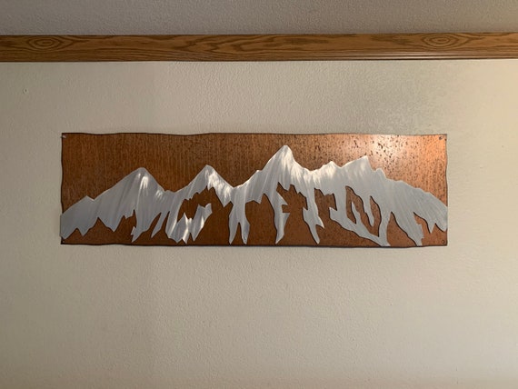 Wyoming Mountain Art. Rustic Metal Wall Art. Grand Tetons National Park. Log Cabin Decor. House Warming Gift
