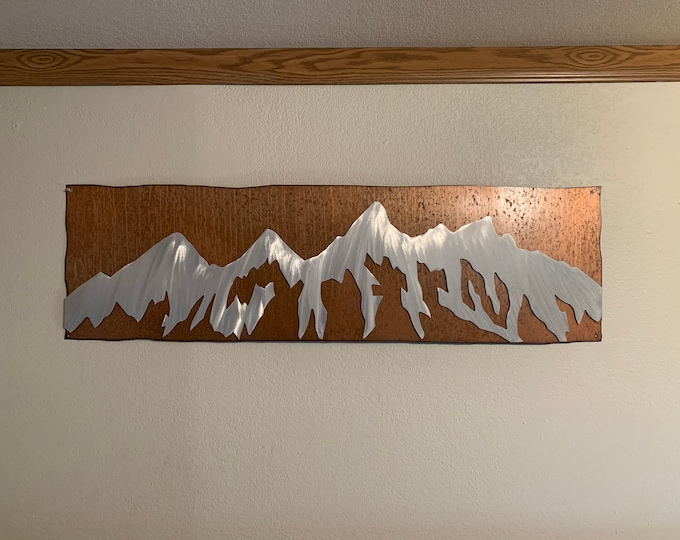 Grand Teton National Park Metal Wall Art – Double Layer Aluminum Mountains on Rustic Steel – Wyoming Cabin and Lodge Decor