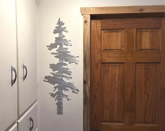 Rustic Steel Pine Tree Wall Art, Aluminum Evergreen Tree Decor, Forest Wall Hanging, Cabin Wall Art, Mountain Lodge Decor, 36 x 13