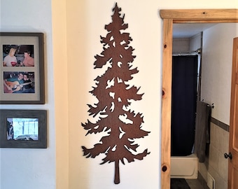 Steel Evergreen Tree Metal Wall Art Copper Rust Brown Color Leaves Trees Forest Modern Artwork Home Decor Rustic Cabin Lodge Condo Bedroom