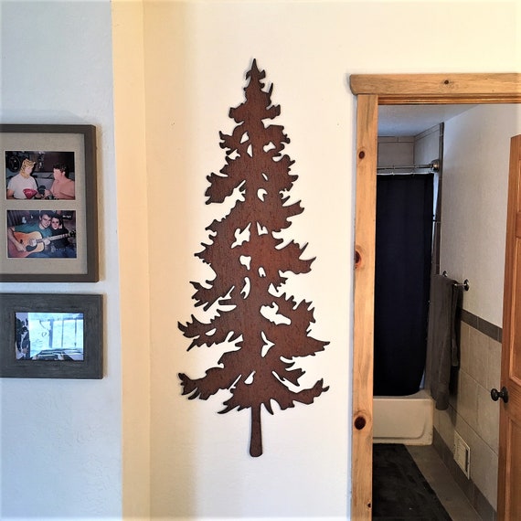 Steel Evergreen Tree Metal Wall Art Copper Rust Brown Color Leaves Trees Forest Modern Artwork Home Decor Rustic Cabin Lodge Condo Bedroom