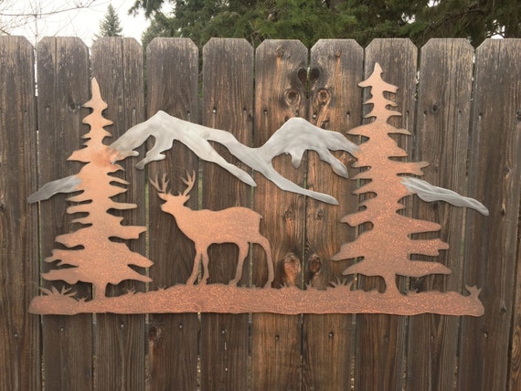 Metal DEER, trees & mountains wall decoration, 26"x36". Gift for hiker. Hand cut aluminum and patina steel. Handmade in Fort Collins, CO