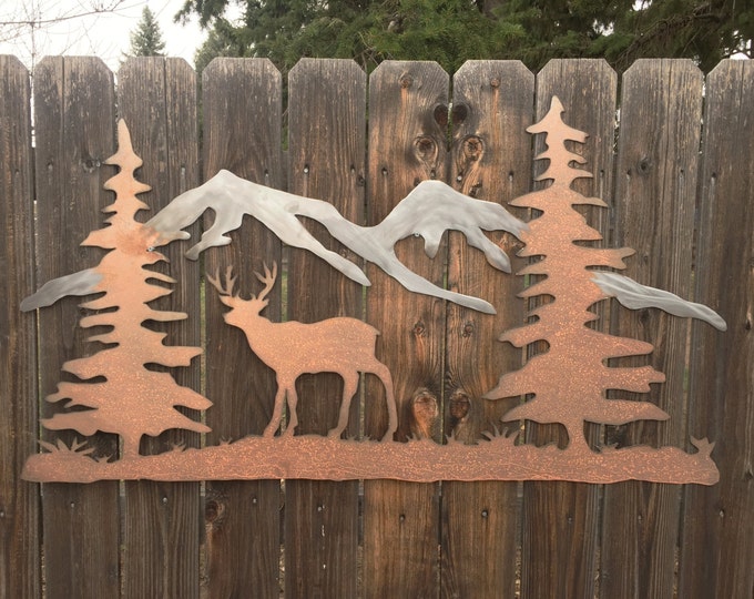 Metal DEER, trees & mountains wall decoration, 26"x36". Gift for hiker. Hand cut aluminum and patina steel. Handmade in Fort Collins, CO