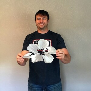 Puede incluir: Una persona sosteniendo un recorte de flor de hibisco de metal blanco. La flor mide aproximadamente 30 cm de ancho y tiene un centro rojo.