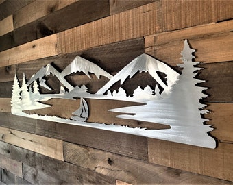 Lake Dillon Metal Wall Art – Colorado Sailboat Wall Decor – Handmade Brushed Aluminum Mountain Lake Artwork. Nautical Cabin Rustic Metal Art