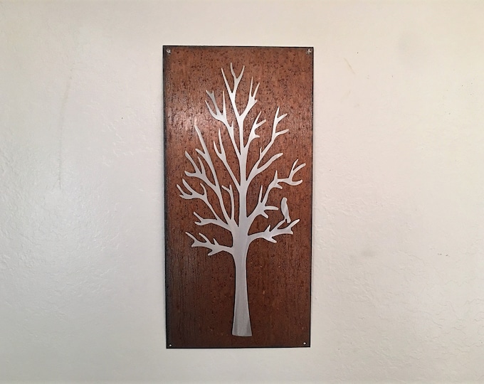 Tree Metal Wall Art with bird– Double Layer Aluminum and Rustic Steel Winter Scene – Cabin, Lodge, and Colorado Nature Inspired Decor