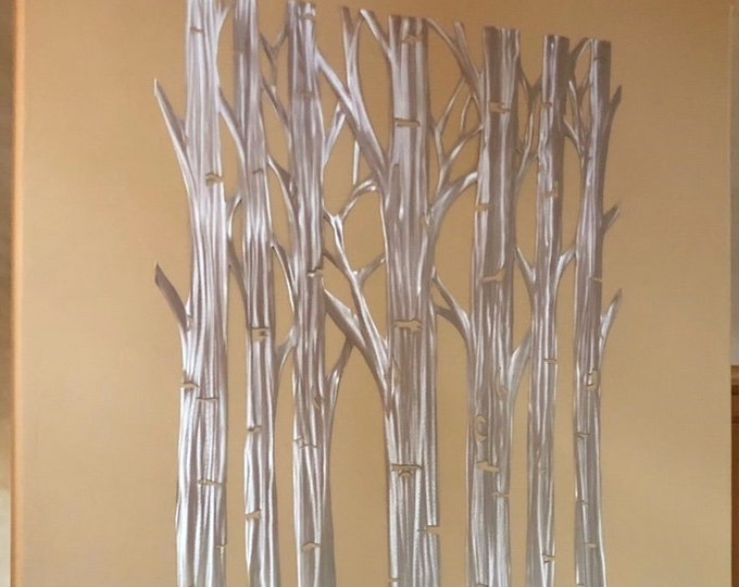 Aspen Tree Metal Wall Art – Large Silver Aluminum Nature Artwork – Statement Wall Decor for Living Room, Fireplace, or Entryway