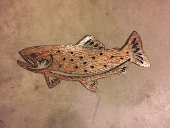 Metal Wall Art Brown River Trout Fly Fishing Fisherman Artwork Handmade Hand Cut Steel Fish Cabin Lodge Decor River Stream Lake Wildlife Fun