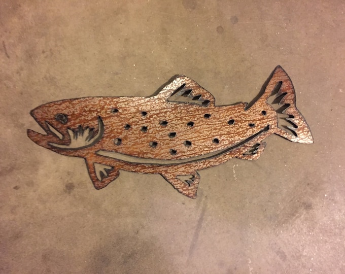 Metal Wall Art Brown River Trout Fly Fishing Fisherman Artwork Handmade Hand Cut Steel Fish Cabin Lodge Decor River Stream Lake Wildlife Fun