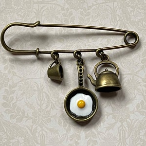 Morning Coffee & Egg in Skillet Safety Kilt Pin Jewelry - Coffee Cup, Egg in Pan, Coffee or Tea Pot, OPTIONAL Sun Charm - Camper Gift