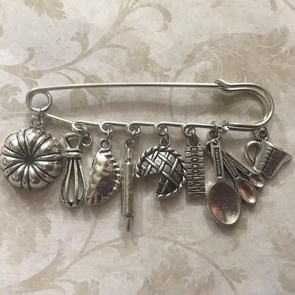 Baker Pastry Chef Kilt Safety Pin Jewelry - Baking Charms: Bundt Cake Pan, Whisk, Pierogi, Rolling Pin, Pie, Chocolate, Measuring Spoons Cup