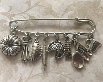 Baker Pastry Chef Kilt Safety Pin Jewelry - Baking Charms: Bundt Cake Pan, Whisk, Pierogi, Rolling Pin, Pie, Chocolate, Measuring Spoons Cup