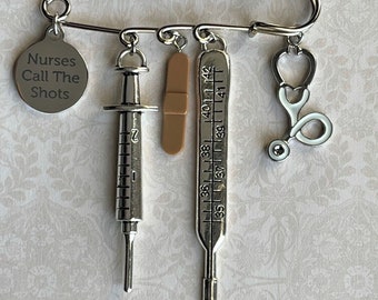 NURSE Safety Kilt Pin Jewelry for Lab Coat, Purse, Cloth Bag, Backpack - Syringe, Resin Bandage, Thermometer, Stethoscope - Medical Gift