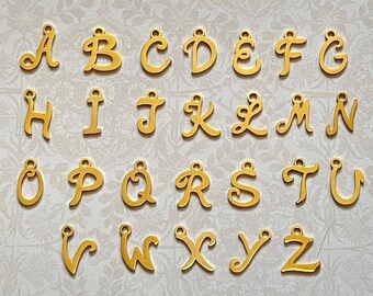 TINY GOLD Tone Script Cursive Stainless Steel Initial Letter Add on Charm - Includes Jump Rings Attached - DISCONTINUING / Low Stock