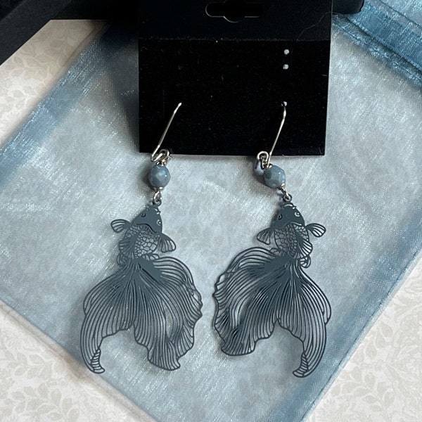 Goldfish Earrings: DARK BLUE Gray Enamel Filigree Fish Charms, Faceted Beads, Stainless Steel Bead Caps & Kidney Ear Wires, Lightweight