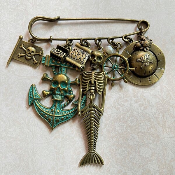 Pirate Jewelry - Kilt Safety Pin, Flag, Patina Skull & Crossbones Anchor, Treasure Chest and Map, Mermaid Skeleton, Helm, Hat - Festival Pin