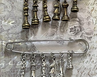 Antique Silver OR Bronze Chess Player's Kilt Safety Pin for Purse, Bag, Jacket - Chess Charms: King, Queen, Bishop, Knight, Rook, Pawn