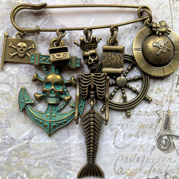 Pirate Kilt Safety Pin Jewelry with 9 Charms: Flag, Treasure Chest, Anchor, Crown, Mermaid Skeleton, Map, Helm, Pirate Hat, Crab; Cosplay