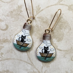 Black Cat Lightbulb Light Bulb Enamel Charm Earrings - Choice of Nickel Free 10K Gold (Short) OR 18K Gold (Long) Plated Kidney Ear Wires