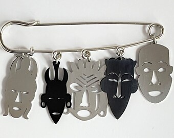Tribal Masks Kilt Safety Pin Jewelry for Coat, Scarf, Purse Accessory - 3 SILVER Tone and 2 BLACK Tone Stainless Steel Charms