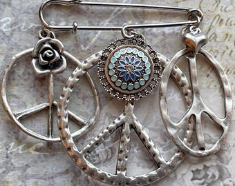 Retro Silver Tone Peace Love Kilt Safety Pin - Charms: Rose, Peace Symbols, Bohemian Enamel Pendant, Puffy Stainless Steel Heart