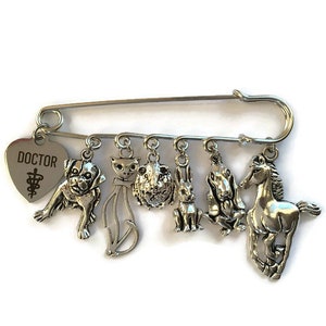 Veterinarian Vet Kilt Safety Pin for Purse, Bag, Coat - Charms: Doctor with Staff of Aesculapius, 2 Dogs, Cat, Hamster/Gerbil, Rabbit, Horse