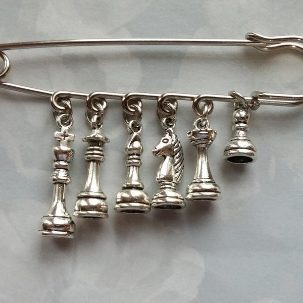 Chess Player's Kilt Safety Pin for Purse, Bag, Scarf, Jacket - Antique Silver Tone Chess Charms: King, Queen, Bishop, Knight, Rook, Pawn