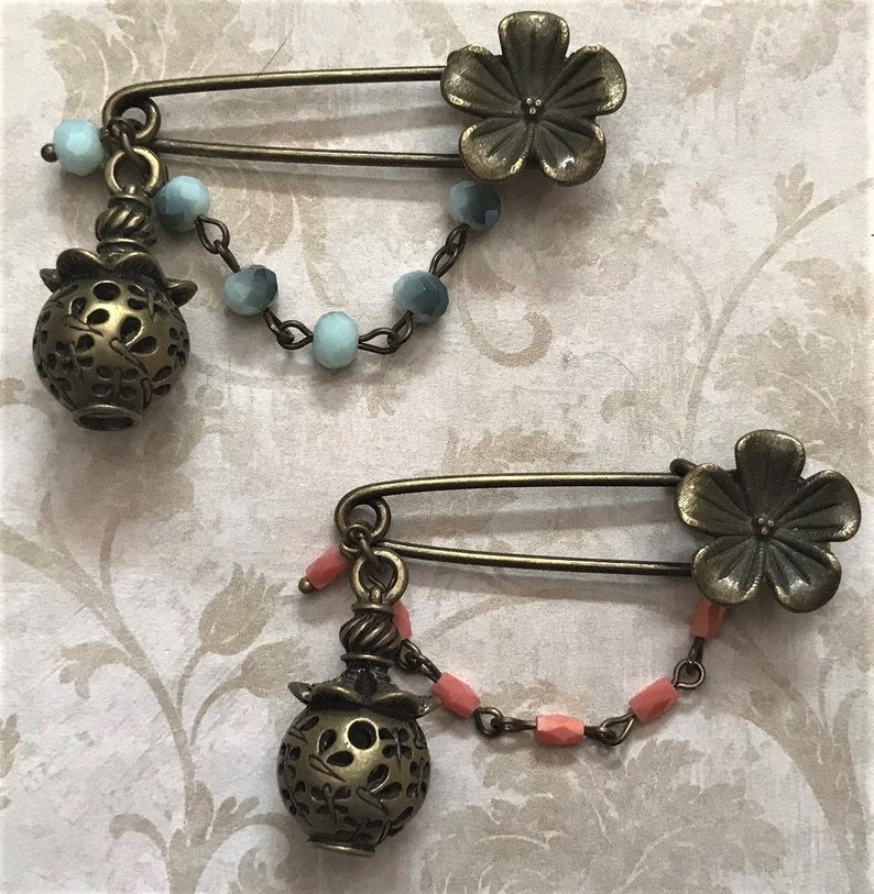 Rectangular Opaque Coral OR Sky Blue Round Faceted Crystal Beads Chinese Lantern Lamp Asian Chinese Lantern Kilt Safety Pins Floral Pin