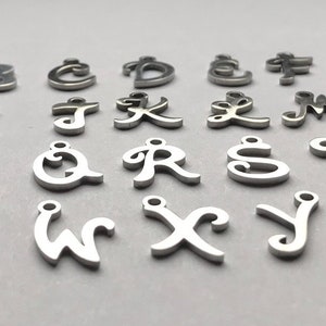 TINY SILVER Tone Script Cursive Stainless Steel Initial Letter Add On Charm OR to Add On to your Own Creations, Includes Attached Jump Rings image 2