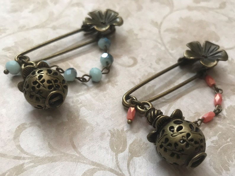 Rectangular Opaque Coral OR Sky Blue Round Faceted Crystal Beads Chinese Lantern Lamp Asian Chinese Lantern Kilt Safety Pins Floral Pin