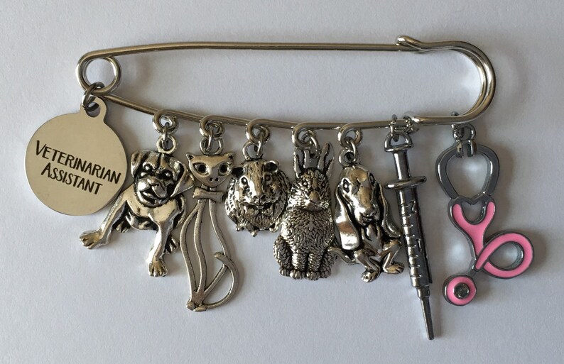 May include: A silver-toned safety pin charm featuring a Veterinarian Assistant tag and animal-themed charms. Charms include a dog, cat, hamster, rabbit, syringe, and a pink stethoscope. A unique accessory for veterinary professionals.