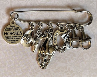 Horse Safety Pin Jewelry for Saddle Blanket, Purse, Bag, Coat - Charms: Cowboy Hat, Carrot, Horse, Horseshoe, Saddle, Snaffle Bit