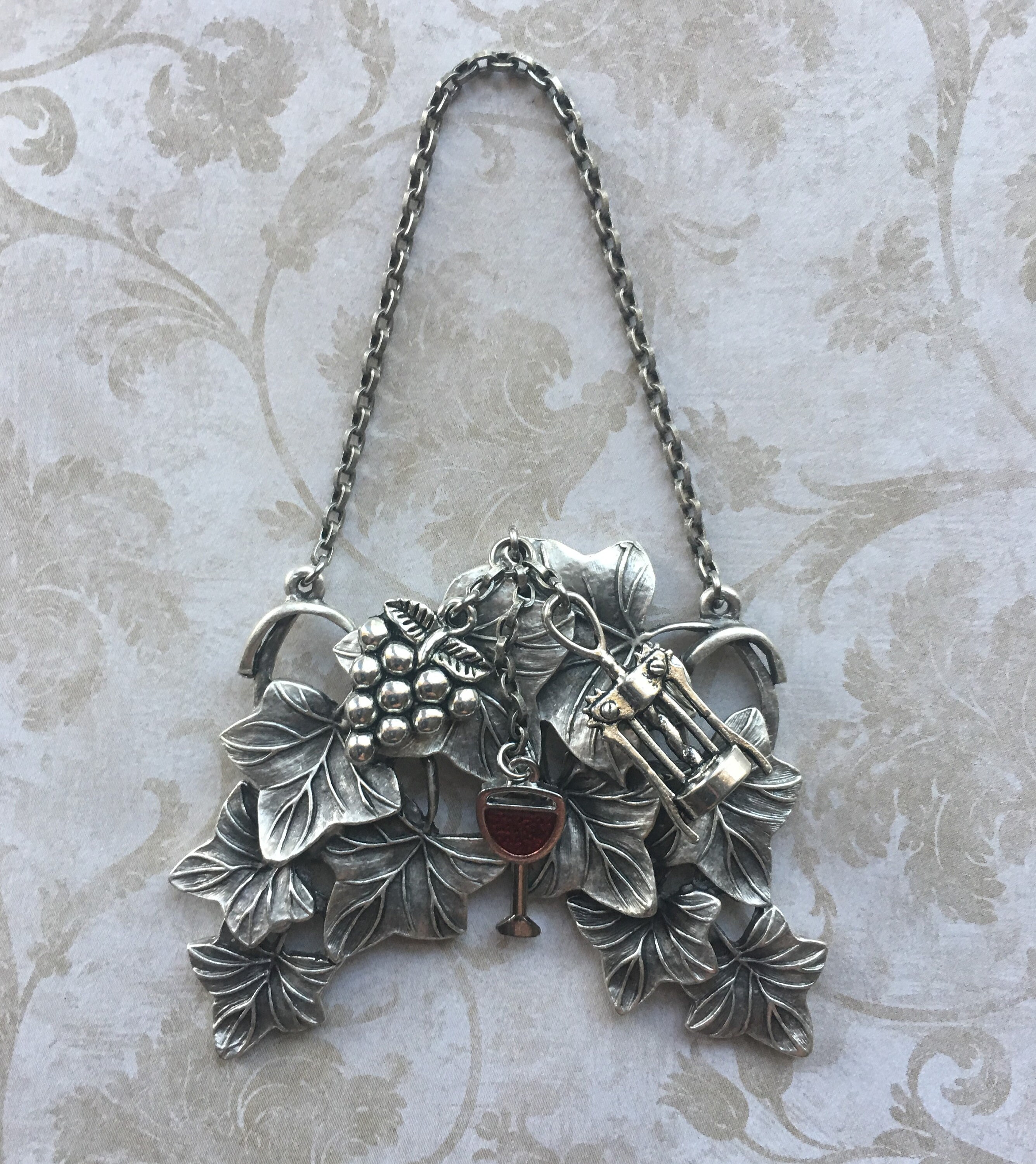 Wine Bottle Jewelry Charm Antique Silver Leaf Collar Etsy