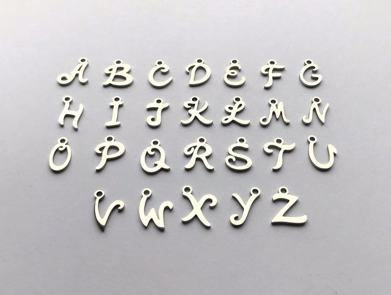 TINY SILVER Tone Script Cursive Stainless Steel Initial Letter Add On Charm OR to Add On to your Own Creations, Includes Attached Jump Rings image 1