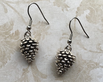 Pinecone Pine Cone Earrings - Antique Silver Tone 3D Pinecone Charms, Stainless Steel French Ear Wires - Nature Jewelry